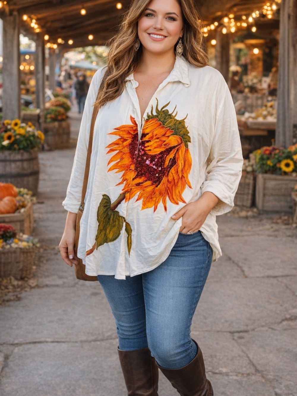 Cream Sunflower Embroidered Button-Down Shirt - Unbranded